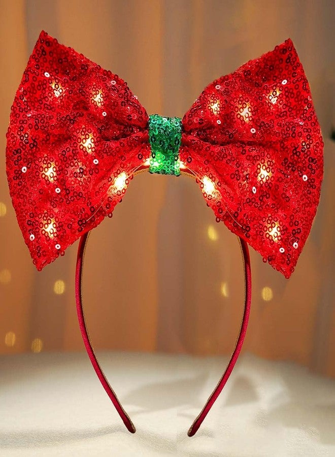 Firuilo Light Up Christmas Bow Headbands LED Valentine's Day Hair Bands Red Sequins Bowknot Hair Accessories for Women - Image 1
